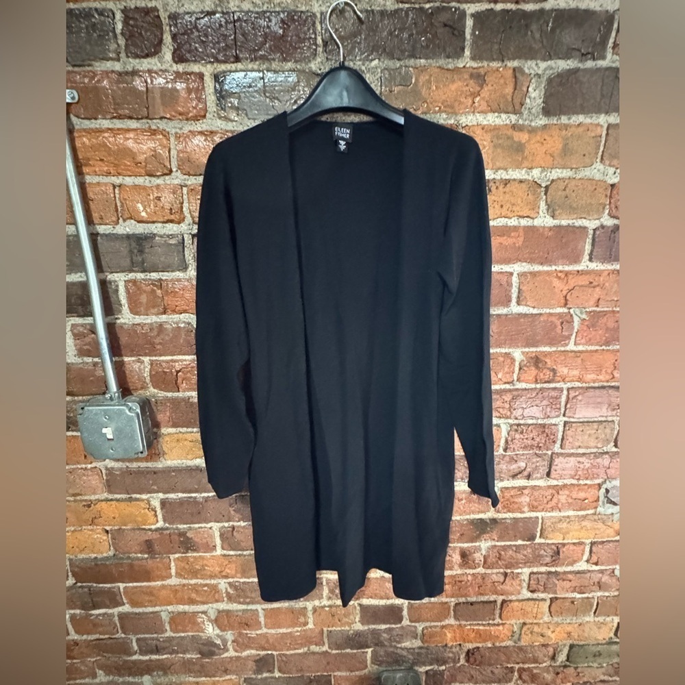 Eileen Fisher Elegant Black Open Front Drape Knit Cardigan Sweater Size Small